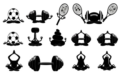Stylized black and white sports equipment meditating in lotus pose,, isolated on white background