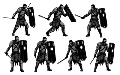 Stylized dark fantasy warriors in grayscale armor, helmets, swords,, isolated on white background