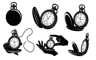 Vintage black and white pocket watch set, open, closed, held by, isolated on white background