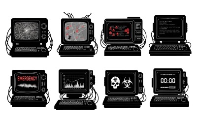 Acht retro computersilhouetten met donkere interface-ontwerpen geïsoleerd op een witte achtergrond