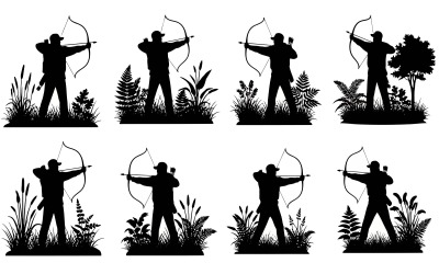 Acht zwarte silhouetten van boogschutters in schiethoudingen te midden van wilde planten, geïsoleerd op wit