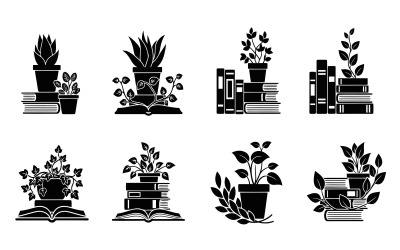 Acht zwarte silhouetten van planten en boeken geïsoleerd op een witte achtergrond