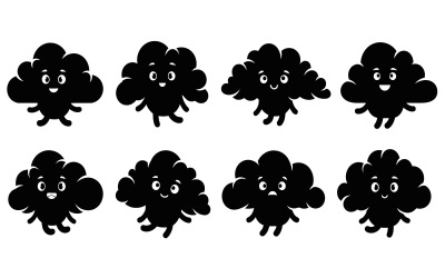 Acht zwarte wolkenkarakters met verschillende emoties, geïsoleerd op een witte vectorillustratie