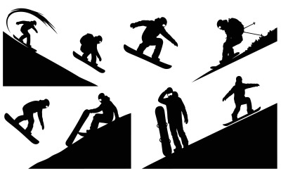 Beyaz arka planda izole edilmiş, aksiyon pozlarında sekiz siyah snowboardcu ve kayakçı silüeti