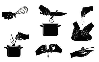 Black silhouette cooking actions, isolated on white background with high contrast