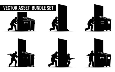 Conjunto de seis siluetas de soldados tácticos, aisladas sobre fondo blanco.