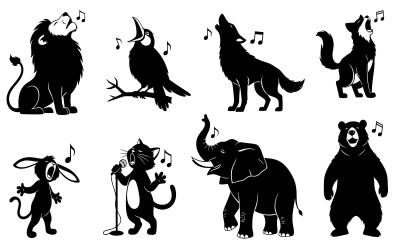 Eight animal silhouettes singing isolated on white background