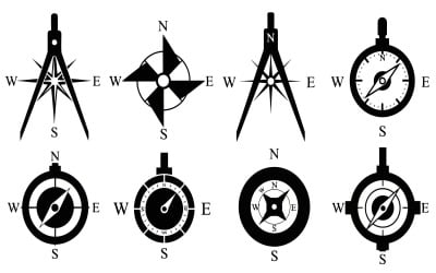 Eight black compass illustrations with various designs, isolated on white background