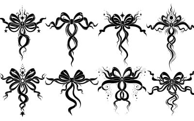 Eight black ornate bow vector silhouettes, isolated on white background