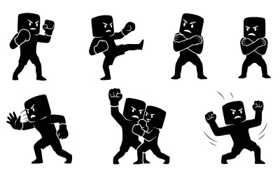 Eight black silhouette fighting poses, isolated on white background