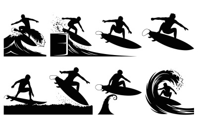 Eight black silhouette surfers riding waves, isolated on white background