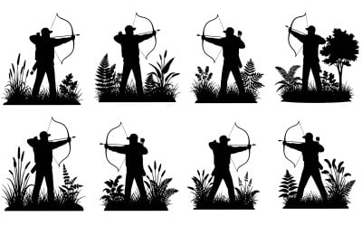 Eight black silhouettes of archers in shooting poses amidst wild plants, isolated on white