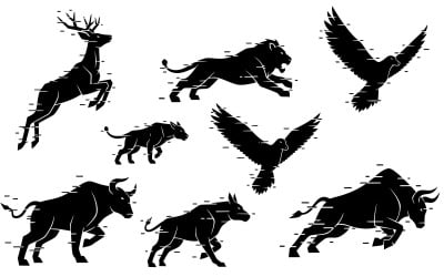 Eight dynamic black animal silhouettes depicting speed and movement, isolated on white background