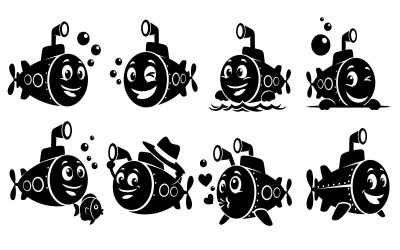 Eight playful submarine silhouettes isolated on white background