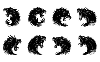 Eight roaring black dragon head silhouettes vector illustration, isolated on white background