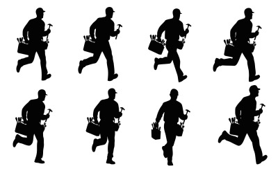 Eight running construction worker silhouettes isolated on white background