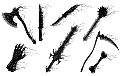 Sada osmi temných fantasy zbraní a artefaktů, vektorová ilustrace izolovaná na bílém pozadí