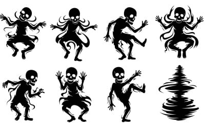 Set of eight dancing skeleton silhouettes isolated on white background
