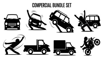 Set of eight vehicle and action silhouettes, isolated on white background