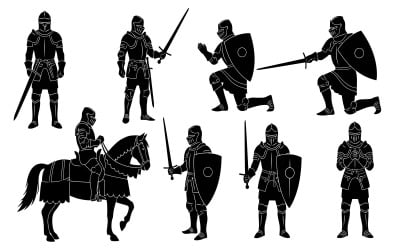 Set of medieval knight silhouettes isolated on white background