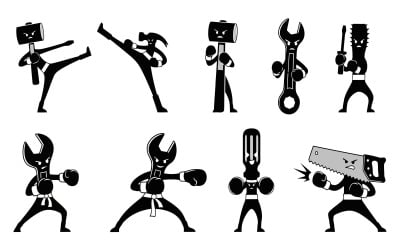Set of nine martial arts tool silhouettes, isolated on white background