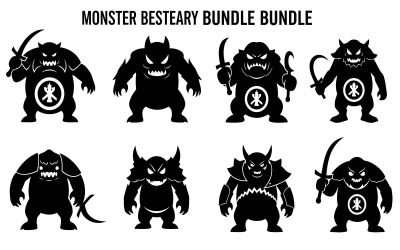 Set van acht monstersilhouetten geïsoleerd op een witte achtergrond