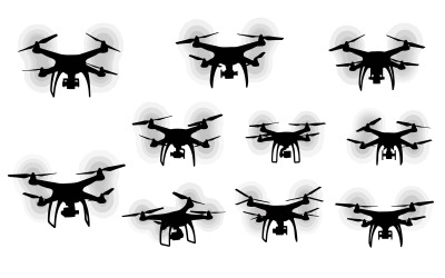 Set van drone-silhouetten, geïsoleerd op een witte achtergrond