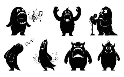 Seven black monster silhouettes singing isolated on white background