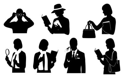 Seven black silhouette illustrations of people reading and observing, isolated on white background