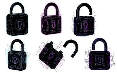 Six black digital padlocks in various states with neon circuit lines, isolated on white background