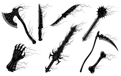 Uppsättning av åtta mörka fantasy-vapen och artefakter, vektorillustration isolerad på vit bakgrund