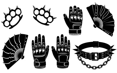 Aggressive vector set of spiked knuckles, tactical gloves, blade, isolated on white background