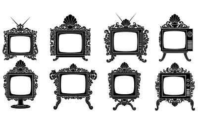 Beyaz arka planda izole edilmiş, dekoratif çerçeveli sekiz adet süslü vintage televizyon