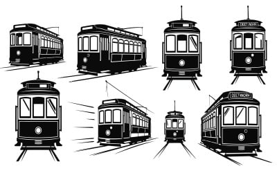 Black and white vector art of vintage streetcars and trams,, isolated on white background