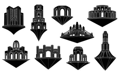 Black and white vector silhouettes of architectural structures, isolated on white background