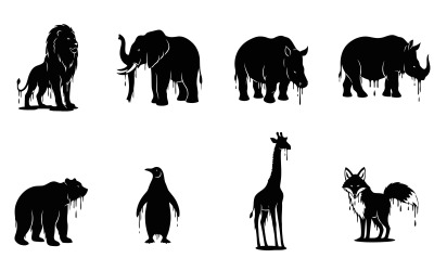 Black animal silhouettes with dripping liquid effect, isolated on white