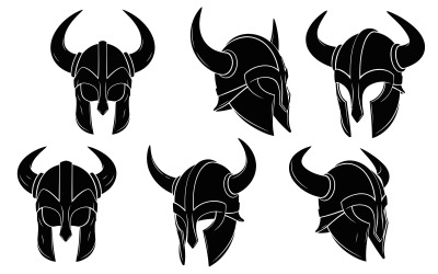 Black silhouette horned Viking warrior helmets in various angles, isolated on white background
