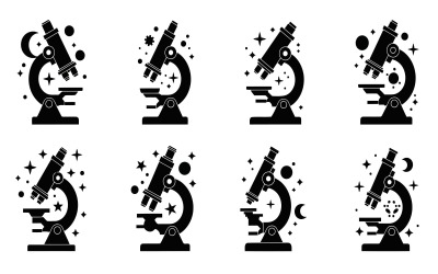 Black silhouette microscopes, stars, moons, dots, vector icon set for, isolated on white background