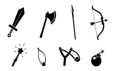 Black silhouette vector icons featuring fantasy and ancient weapons, isolated on white background