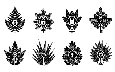 Black vector illustrations of leaves and ferns combined with security, isolated on white background