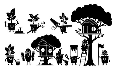 Charming flat vector silhouettes of cartoon plant characters building, isolated on white background