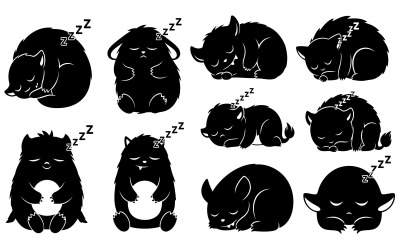 Collection of cute black furry monster creatures sleeping peacefully, isolated on white background