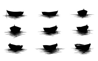 Collection of nine black silhouette small boats floating on calm, isolated on white background