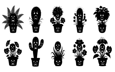 Collection of various potted plant and cactus silhouettes with, isolated on white background