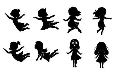 Dynamic black silhouettes of young girls in various playful poses, isolated on white background