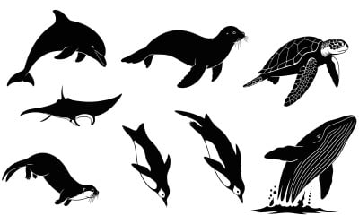 Eight black marine animal silhouettes, isolated on white background