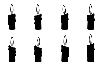 Eight black silhouette candles with dripping wax and small lit, isolated on white background