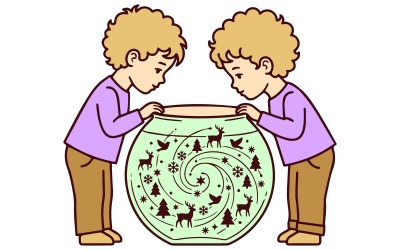Illustrazione vettoriale della calza di Natale con creature in ciotola di vetro per bambini