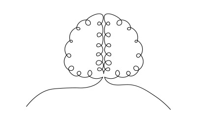 Arte lineal minimalista y continuo de un cerebro humano con elegantes formas curvas y un diseño limpio.