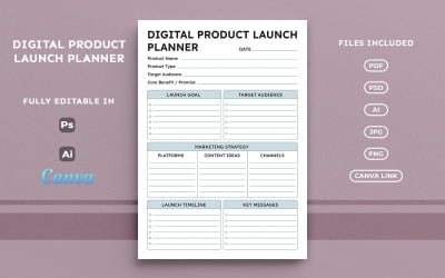 Planificador de lanzamiento de productos digitales, organizador de negocios en línea, plantilla de diseño minimalista A4